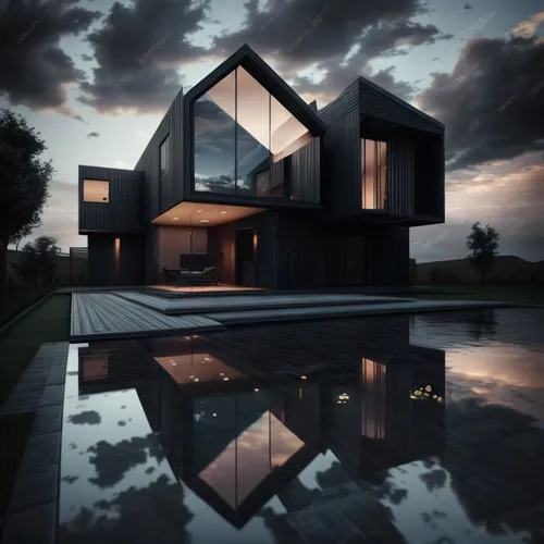 cube house,cubic house,modern house,modern architecture,mirror house,black cut glass,glass facade,frame house,house shape,beautiful home,3d rendering,dunes house,futuristic architecture,house silhouet