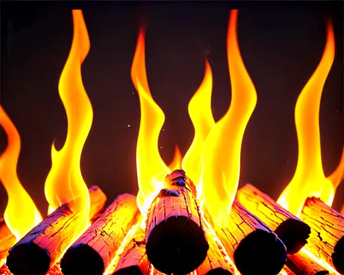 Flames, orange-yellow blaze, crackling sound, warm glow, sparks flying upwards, dark smoke rising, wooden logs burning, fiery embers, intense heat, close-up shot, shallow depth of field, high contrast