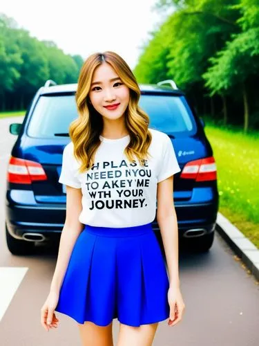 Oh please, I need you to take me with you on your great journey!,a woman stands next to her car in front of a blue shirt,hyoty,ailee,somin,heyne,mt seolark,chaisaeng