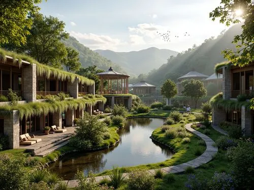 rivendell,streamwood,ecotopia,ecovillages,ecovillage,riverwood,riftwar,shangrila,amanresorts,shangri,tulou,shambhala,idyllic,fallingwater,render,resort,teahouse,dorne,netherwood,building valley