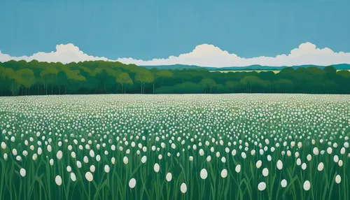 Paint a tranquil countryside landscape with fields dotted by countless nests of eggs.,chives field,blooming field,cotton grass,tulip field,dandelion field,daffodil field,tulips field,ricefield,flower 