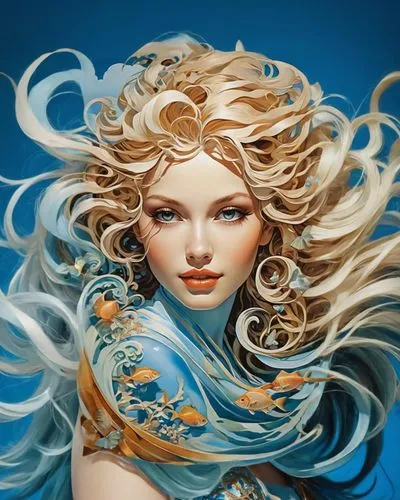 sirena,amphitrite,galadriel,the wind from the sea,diwata,windswept,margairaz,elsa,blue enchantress,medusa,blonde woman,windblown,fantasy portrait,siren,azzurra,fantasy woman,rapunzel,little girl in wi