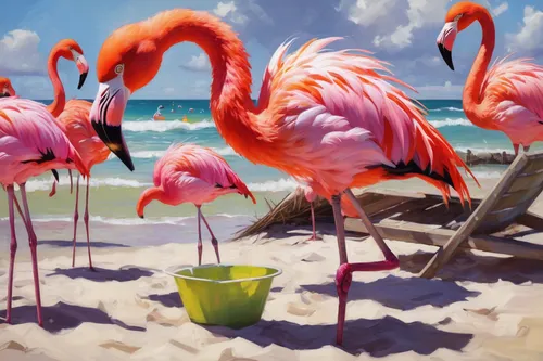 cuba flamingos,flamingos,tropical birds,flamingo couple,flamingoes,flamingo,pink flamingo,pink flamingos,two flamingo,scarlet ibis,bird painting,greater flamingo,pink beach,colorful birds,sea birds,tropical bird,coastal bird,tropical animals,bird island,flamingo pattern,Conceptual Art,Oil color,Oil Color 11