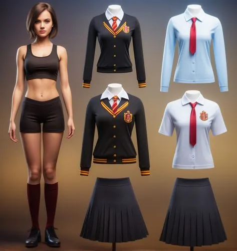 Paper doll Hogwarts 16 year old schoolgirl in black sleeveless shirt ,black tight fit spandex shorts with black sock and black shoe standing surrounded by with a set of Hogwarts Gryffindor school unif