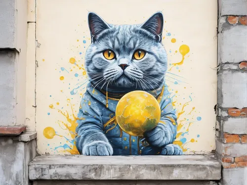 chartreux,russian blue cat,alley cat,streetart,painting easter egg,russian blue,cat european,cats on brick wall,street cat,street art,british shorthair,gray cat,urban street art,yellow wall,street artist,street artists,cat on a blue background,wall art,poland lemon,gray kitty,Conceptual Art,Graffiti Art,Graffiti Art 04