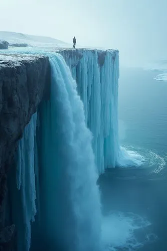 北極冰山斷崖,有一條細長的瀑布,斷崖上站著渺小的人,a man standing on top of an ice waterfall near the ocean,icefalls,icefall,meltwater,ice castle,ice curtain,ice wall