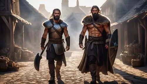 Muscular man, barbarian, Nordic warrior, holding a giant battle-axe, leather armor, silver chest plate, fur cape, beard, braids, fierce eyes, angry facial expression, raiding a medieval village, burni