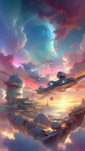 clouds, futuristic,Futuristiv view,futuristic landscape,homeworld,fantasy landscape,sky,skylands,skyterra,Illustration,Paper based,Paper Based 11