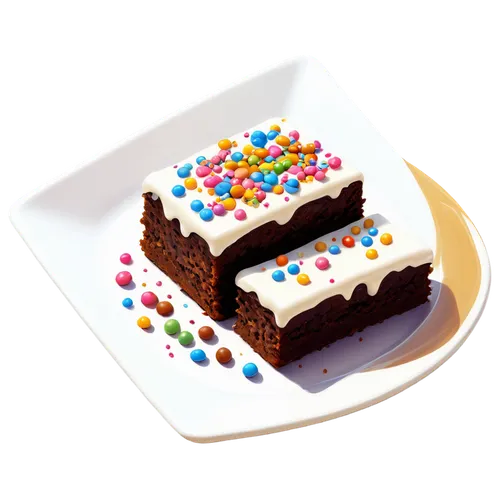 Brownie, square shape, golden brown color, rich chocolate aroma, moist texture, walnuts on top, creamy white frosting, colorful sprinkles, ceramic plate, warm lighting, shallow depth of field, 3/4 com