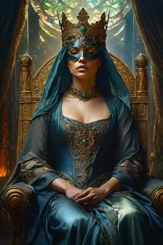 masquerade,fantasy portrait,queen of the night,queen cage,cleopatra,celtic queen,crow queen,queen crown,fantasy picture,blue enchantress,fantasy woman,venetian mask,golden crown,priestess,lady of the night,fantasy art,crowned,imperial crown,the enchantress,the carnival of venice,Conceptual Art,Fantasy,Fantasy 05