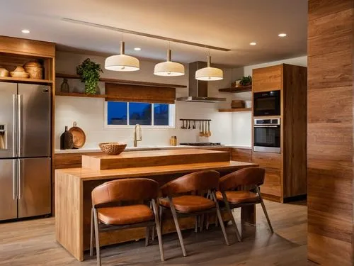 a large kitchen with a table a refrigerator and some lights,modern kitchen interior,modern kitchen,kitchen design,kitchen interior,contemporary decor,wood casework,chefs kitchen,modern minimalist kitc