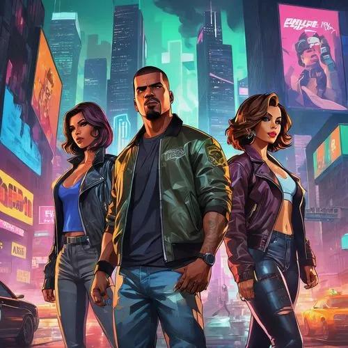 Grand Theft Auto VI, game cover, cityscape, modern skyscrapers, busy streets, night scene, neon lights, 3/4 composition, low-angle shot, dramatic lighting, misty atmosphere, three main characters (mal