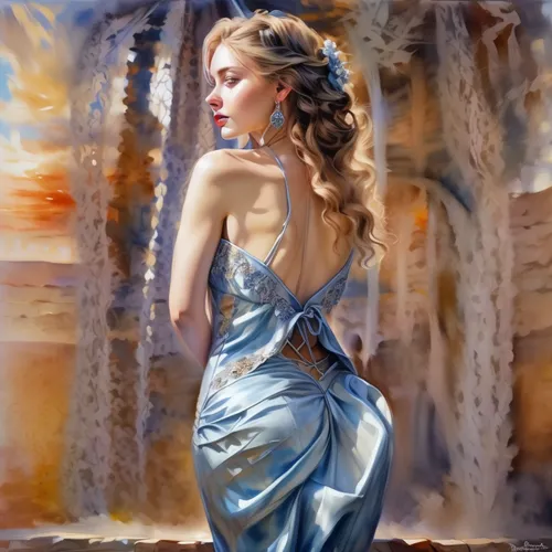 Mond und blaue Himmel und Wellen ,watercolor pin up,girl in a long dress,oil painting,evening dress,art painting,italian painter,photo painting,romantic portrait,girl in a long dress from the back,oil