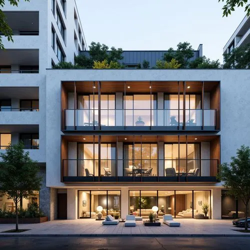 Rehabilitation center facade, modernist architecture, clean lines, minimal ornamentation, large windows, natural light, open spaces, calming atmosphere, soothing color palette, wooden accents, steel f