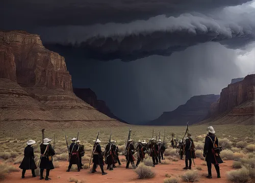 guards of the canyon,wild west,thunderclouds,the storm of the invasion,western film,american frontier,pilgrims,grand canyon,storm troops,digital compositing,thunderheads,western,cowboy silhouettes,photo manipulation,valley of the moon,canyon,horsemen,viewing dune,thundercloud,monsoon,Illustration,Paper based,Paper Based 21