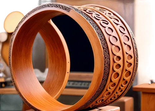 Drum, ancient Celtic instrument, solo, traditional wood material, intricate carvings, brown texture, shiny metal rings, vertical composition, soft natural light, warm color tone, cinematic atmosphere,