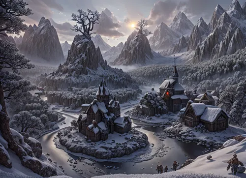 mountain settlement,mountain village,fantasy landscape,winter village,northrend,christmas landscape,fantasy picture,winter landscape,elves flight,alpine village,snow landscape,snow scene,korean village snow,snowy landscape,fantasy art,mountain scene,mountainous landscape,ice landscape,snowy mountains,mountain landscape