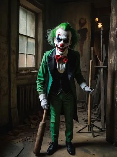 Joker-inspired nutcracker, standing, menacing posture, creepy smile, pale skin, green hair, red lips, black eyeliner, clown-like makeup, torn and tattered clothing, oversized bow tie, holding a giant 