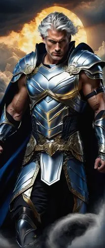 Muscular male, god slayer, imposing posture, silver hair, glowing blue eyes, intricate facial scar, bold chest, defined waist, powerful legs, ornate armor set, metallic silver and gold accents, should