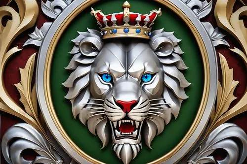 Family crest, medieval, golden frame, intricate design, lion's head, open mouth, red tongue, blue eyes, crown on head, crossed swords behind, shield with silver stripes, fleur-de-lis pattern, green le