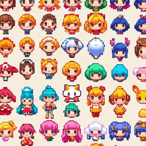 Craft pixel art sprites for a video game,game characters,pixel cells,facebook pixel,pixels,japanese icons,pixel art,characters,pixel,people characters,8bit,hairstyles,pixel cube,rainbow color palette,