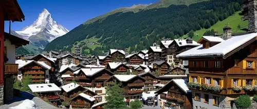 alpine village,zermatt,escher village,grindelwald,arlberg,mountain village,alpine region,ramsau,half-timbered houses,mountain settlement,saas fee,klostertal,alphütte,mountain huts,high alps,canton of glarus,lauterbrunnen,the alps,stockhorn,ebenalp,Illustration,Retro,Retro 17