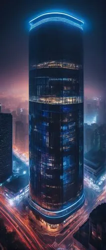 Futuristic skyscraper, neon-lit exterior, reflective glass windows, metallic framework, curved lines, sleek design, cityscape, night view, busy streets, car headlights, urban atmosphere, high-angle sh