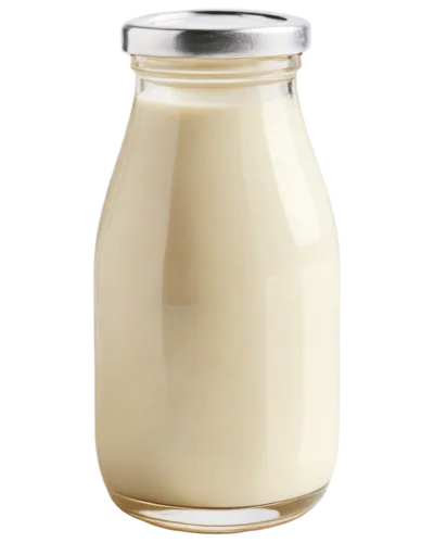 White milk bottle, transparent glass, rounded shape, silver cap, liquid dairy product, creamy texture, morning breakfast setting, soft natural light, shallow depth of field, 3/4 composition, warm colo