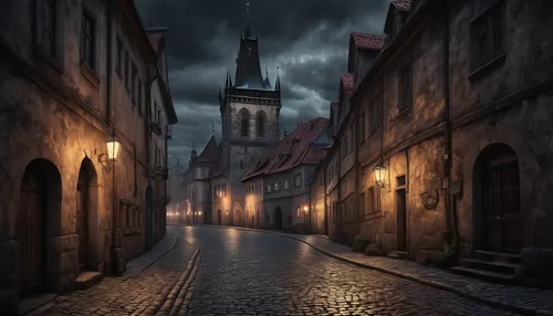 Imagine a dimly lit Czech street in the evening, filled with mysterious alleys and the sound of distant laughter echoing through the cobblestone roads.,medieval street,the cobbled streets,tallinn,tran