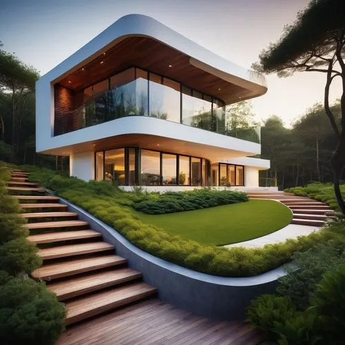 Modern architectural design works, luxurious villa, minimalist style, white walls, large glass windows, curved lines, green roof, wooden decks, outdoor stairs, beautiful garden, blooming flowers, tall