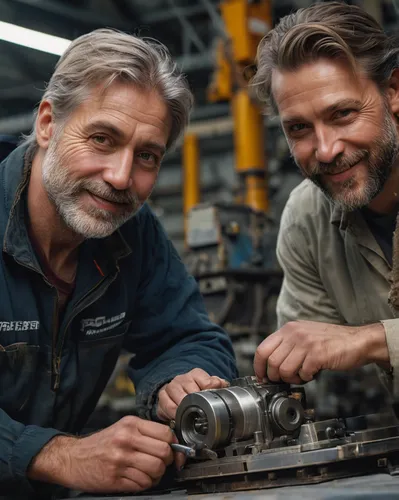 Two, turner works at the machine, metalworking plant, looks at the camera, smiles，RAW Photo, dynamic composition, G-Master Lens, Photorealistic, Hyperrealistic, Hyperdetailed, natural light, soft ligh