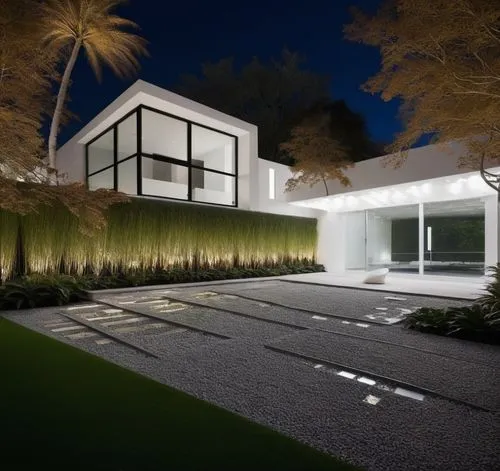 Diseño exterior de una casa moderna estilo minimalista combinando muros de color blanco con muros de tabique aparente, herrería de aluminio con cristal, fotografía hiperrealista, fotografía arquitectó