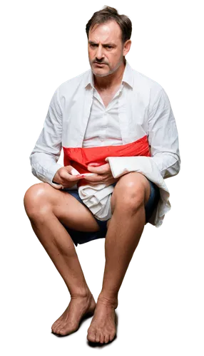 Middle-aged man, sitting on toilet, painful expression, red face, sweat droplets, holding toilet paper, worn-out underwear, hairy legs, varicose veins, bloodstains, morning light, shallow focus, reali