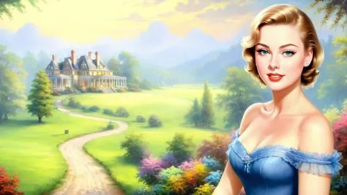 dark saturated colors, Romantic masterpiece oil painting, beautiful girl dainty sheer dress, nostalgic 1950's style kitsch, southern plantation landscape, cozy familiar scenery, by Thomas Kinkade, by 