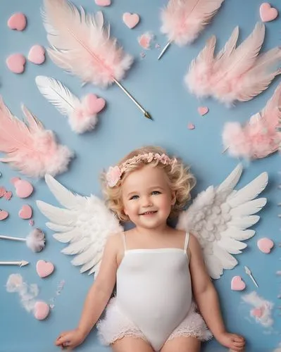 Cupid AI, cherub, wings, arrow, mischievous smile, rosy cheeks, blonde hair, blue eyes, gentle gaze, white feathers, soft glow, pastel colors, whimsical background, delicate clouds, subtle lighting, 3