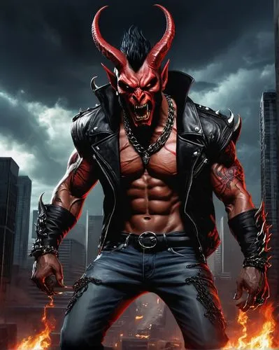 Dark fantasy art, Jersey Devil character, muscular male demon, red skin, sharp horns, pointed ears, black hair with red streaks, glowing red eyes, sharp teeth, tattoos on arms and chest, ripped jeans,