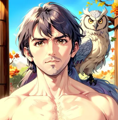 Pony tail, young george harrison, thicker muscular body,a male anime with an owl on his shoulder,shiron,mononoke,edmond,ganymede,antinous,junpei,Anime,Anime,General