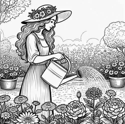 the girl watering the flowers in her garden,gardening,horticulturist,plantsman,picking flowers,picking vegetables in early spring,coloring page,Design Sketch,Design Sketch,Black and white Comic