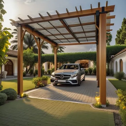 pergola closed with front door and 3 walls surrounding the parking lot of two cars in front of villa
,a car is parked in front of a house,carports,carport,mercedes s class,driveways,mercedes c class,m