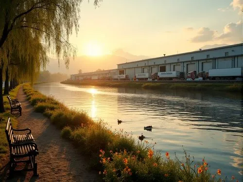 Modern distribution center, riverside location, sunset time, golden light reflecting off calm water, weeping willows gently swaying near bank, a variety of wildflowers blooming in vibrant colors, narr