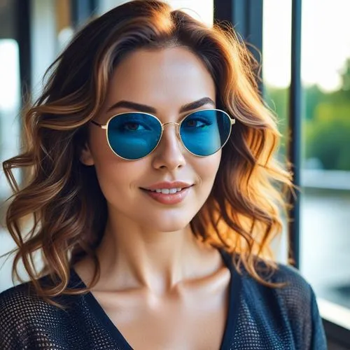 a woman with a blue sunglasses is smiling for the camera,luxottica,sunglasses,spiridonova,sarikaya,knockaround,teodorescu