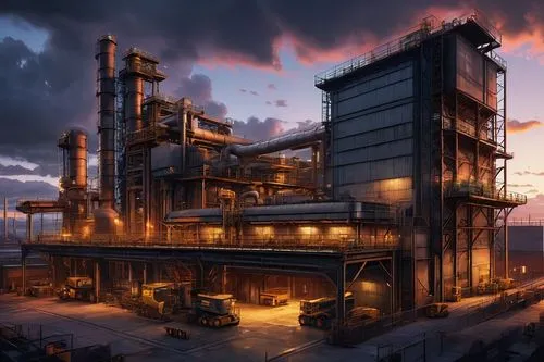 Industrial plant, modern architecture, steel beams, metal pipes, concrete walls, large windows, urban landscape, cityscape, sunset, warm lighting, dramatic clouds, heavy machinery, conveyor belts, fac