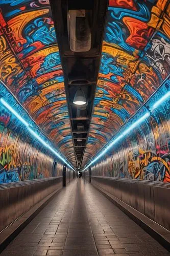 Subway, underground tunnel, modern city, busy streets, rush hour, artistic murals, graffiti, abstract shapes, vibrant colors, 3D effects, LED lights, futuristic ambiance, urban landscape, dynamic comp