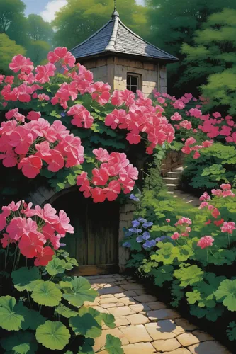 Write a romantic scene in a garden full of geranium pink blooms.,hydrangeas,landscape rose,japanese floral background,hydrangea background,azaleas,hydrangea,pink azaleas,home landscape,flower painting