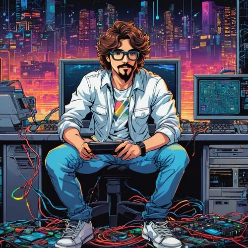 man with a computer,cyberpunk,cybernetics,hardware programmer,80s,old elektrolok,cyber glasses,computer games,cable innovator,computer game,engineer,synthesizer,cyberspace,elektroniki,atari st,cyber,computer,electronic music,dj,coder,Conceptual Art,Graffiti Art,Graffiti Art 07