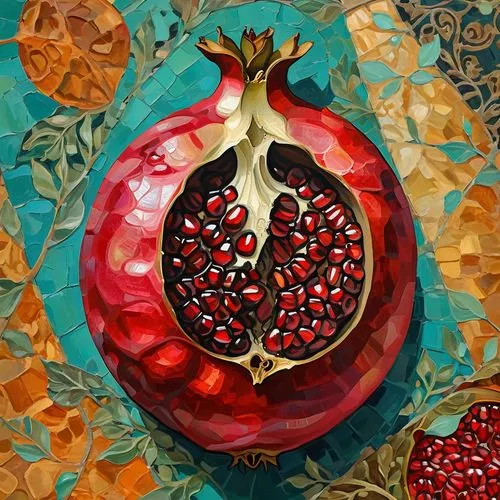 a painting of a pomegranate, digital art, by Anne Rigney, Alexander Segov, fine art, intricate textures, hd mixed media collage, seams, etsy, digital art - w 640, abstract figurative art, pyrography, 