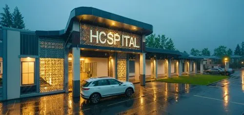 a white car sits parked in front of an establishment on a rainy day,hathseput mortuary,kostanay,kstc,vneshtorgbank,kista,car showroom,botkyrka,elderhostel,interhostel,hostel,hostels,osotspa,kaspiysk,h