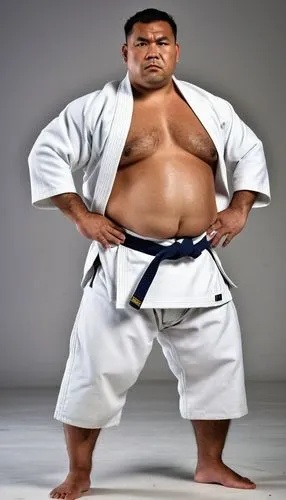 raw photo, burly chubby guy, Tongan, 38 years old, round face, fat, wet skin, serious face, black skin,  Judo athlete, wearing Judo gi, full body shot, hands on waist, body hair on chest,a man with  a