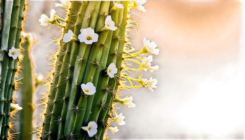 Arizona desert, Saguaro cactus, tall, majestic, green columnar trunk, white flowers on top, strong spines, detailed textures, morning sunlight, warm golden light, shallow depth of field, 3/4 compositi