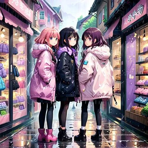 two girls in pink and lilac oversized puffy coats stand in front of a puffy coat shop accompany by her friend in black oversized coat run inside from the rain then is getting wet the girl's coats,thre